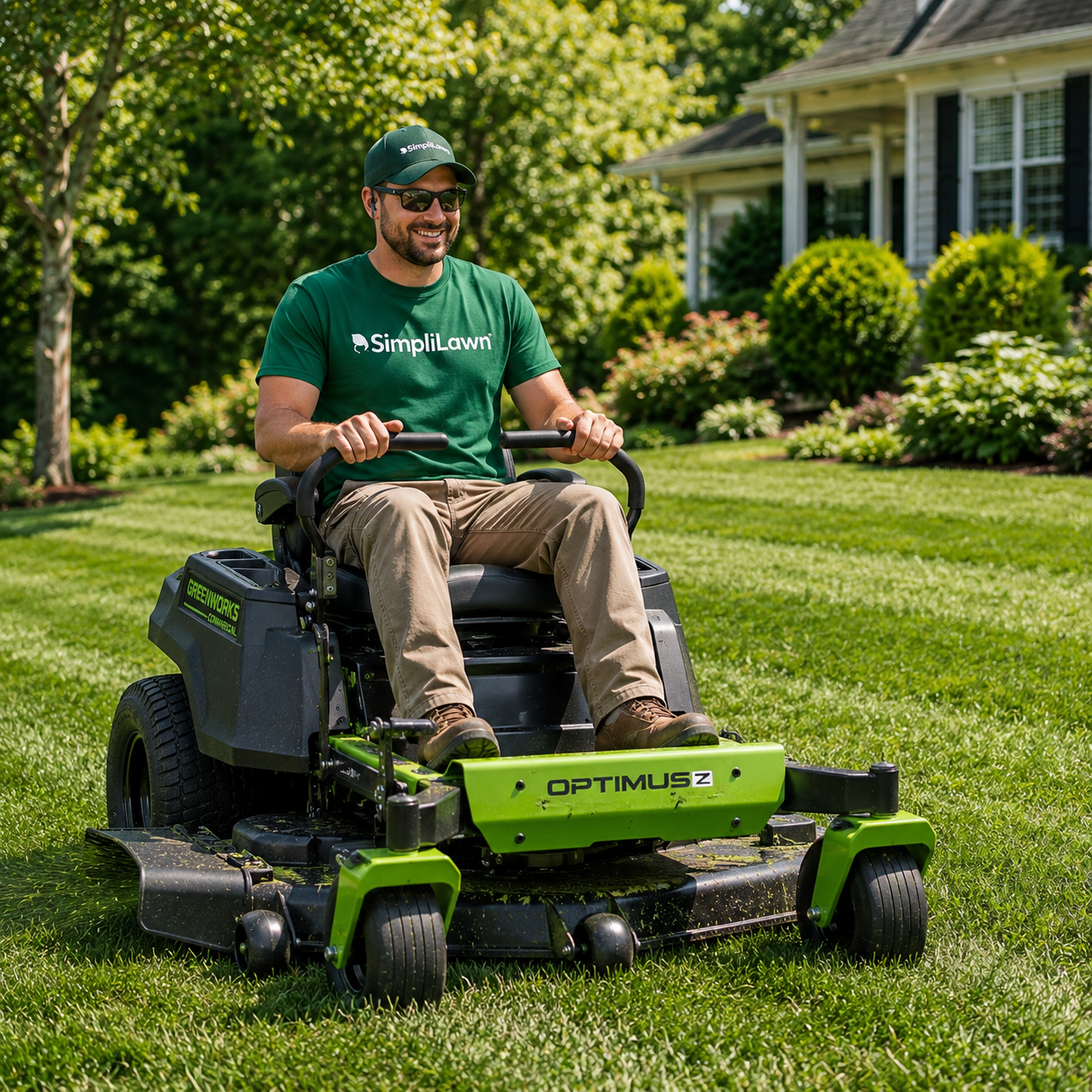 Friendly lawn care professional mowing a lush green front lawn