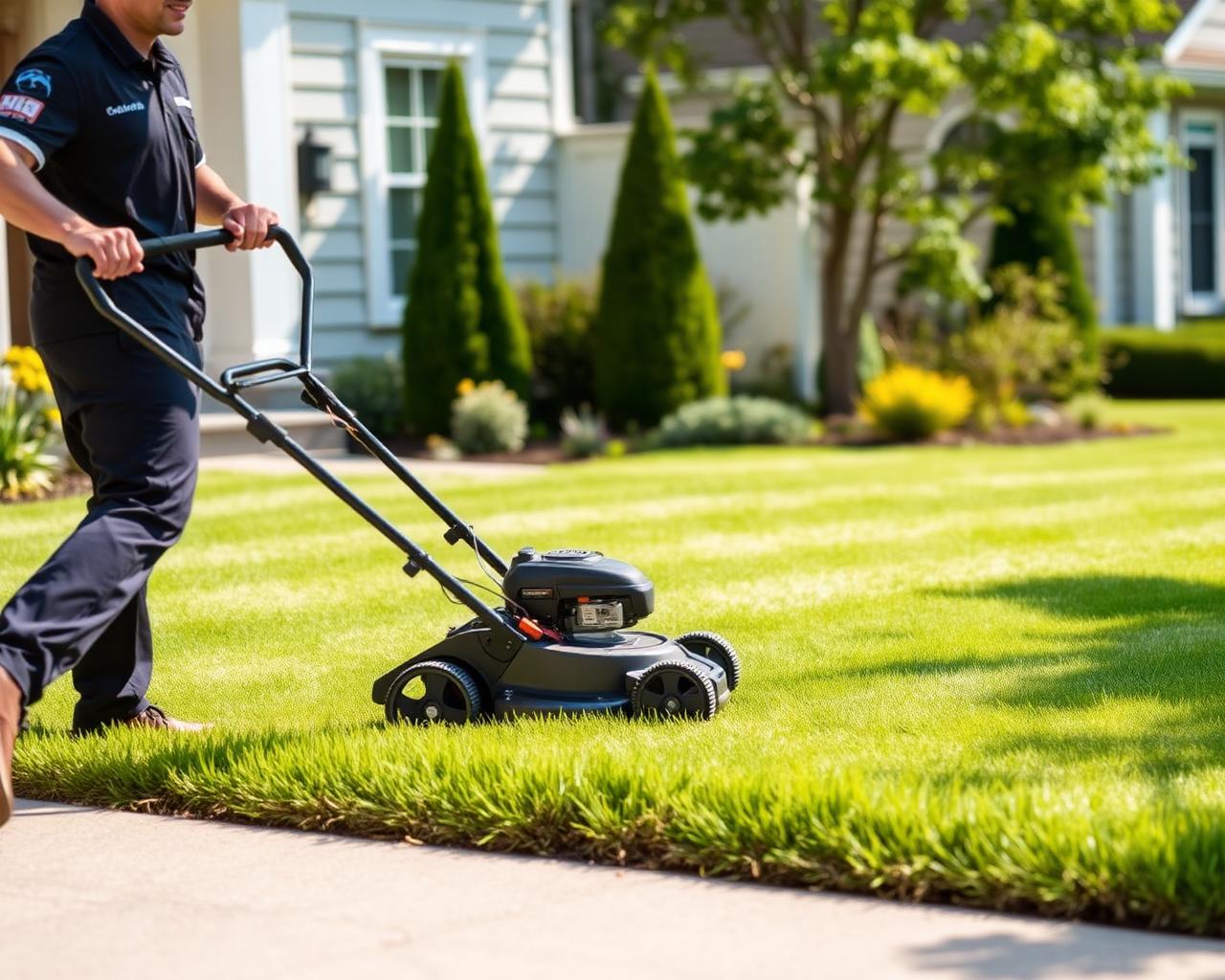 Friendly lawn care professional mowing a lush green front lawn